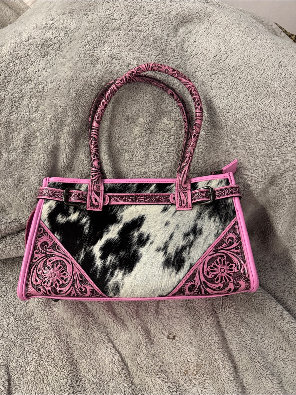 Pink Tooled Leather Tote with Black & White Haircalf Panel